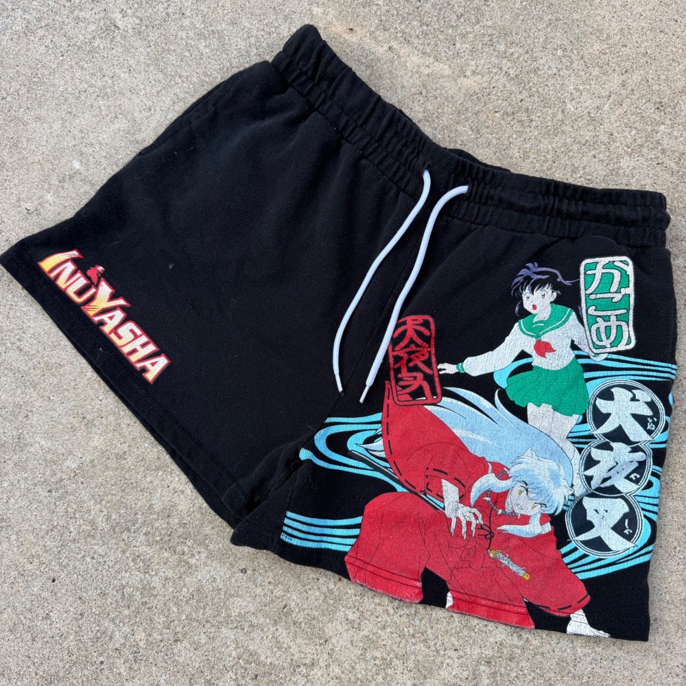Inuyasha Sweat Shorts Mens L Black Anime Graphic Kagome Drawstring Comfy Y2K